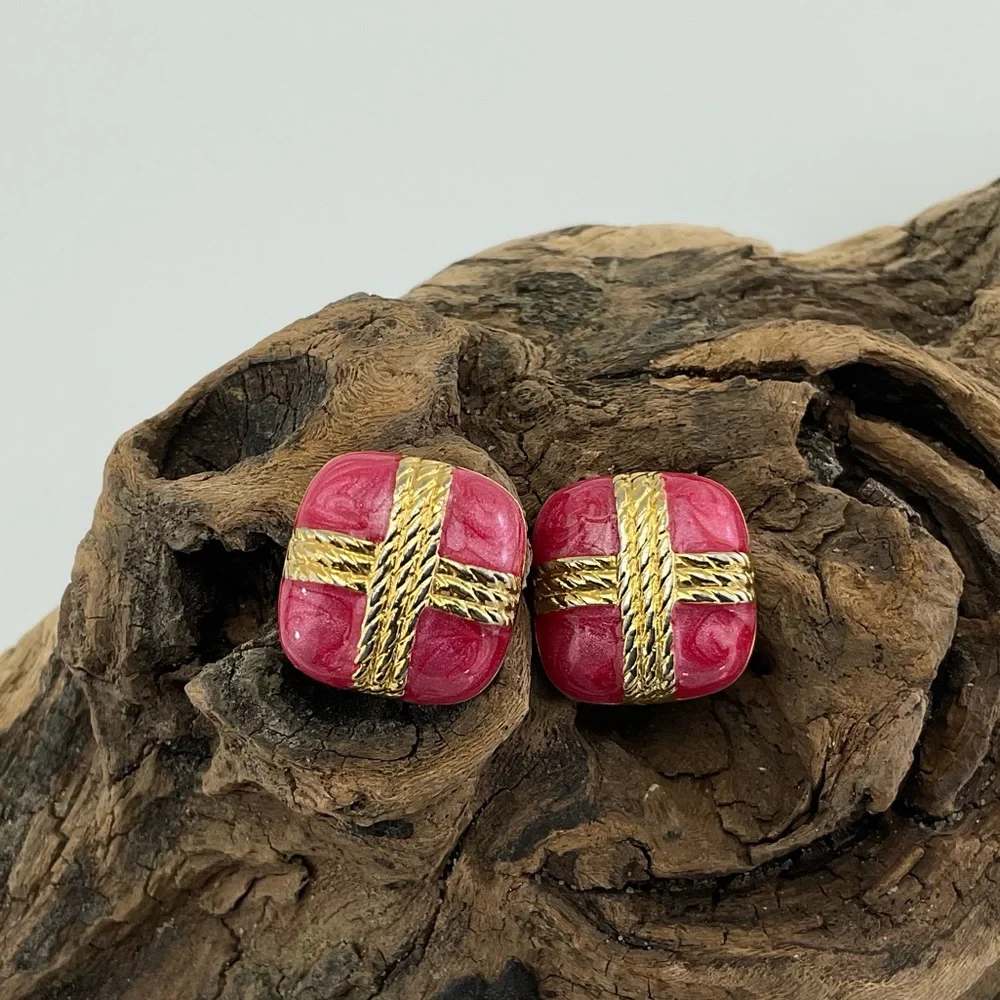 Vintage Pink Enamel Earrings, Mini Gift Box Stud Earrings, Pink & Gold